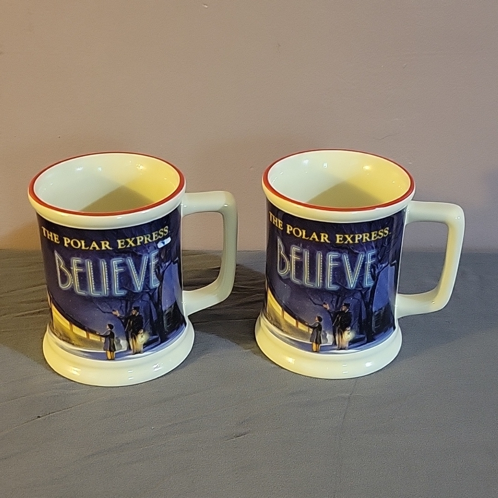 Lot of 2 The Polar Express Believe 3D Large Coffee Mug Hot Chocolate Cups Train